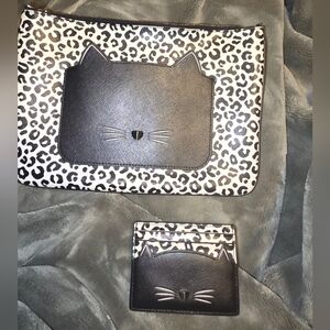 Kate Spade Large Meow Cat Zippered Pouch With Matching Card Holder